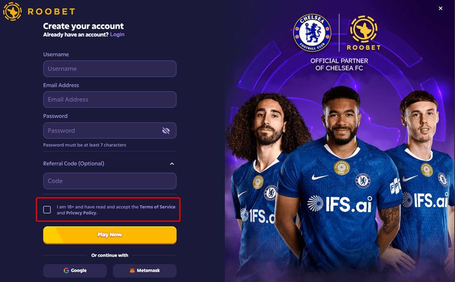 Roobet registration checkbox for age and terms acceptance